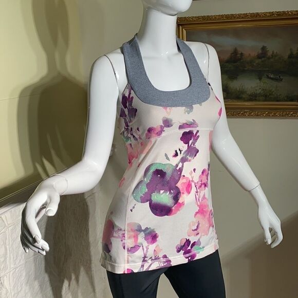 Lululemon Scoop Neck Tank Top Blurred Blossoms White / Heathered Fossil - Picture 3 of 16